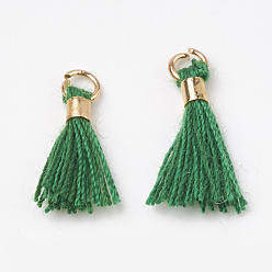 Green Polycotton(Polyester Cotton) Tassel Pendant Decorations, Mini Tassel, with Brass Findings, Light Gold, Green, 10~15x3~4mm, Hole: 2mm
