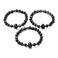 Обсидиан Эластичный браслет из бусин натурального обсидиана для женщин, шестиугольник, с немагнитных синтетическими гематита бисера, бусины : 8.5 мм и 16.5x11x10 мм, внутренний диаметр: 2 дюйм (5 см)