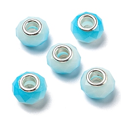 Light Sky Blue Glass European Beads, Large Hole Beads, with Silver Tone Brass Double Cores, Faceted Rondelle, Light Sky Blue, 14x9mm, Hole: 5mm