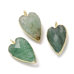 Strawberry Quartz Natural Green Strawberry Quartz Pendants, Faceted Heart Charms, with Golden Plated Brass Edge Loops, 22.5x13x7.5mm, Hole: 3mm