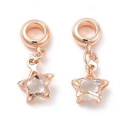 Rose Gold Clear Glass European Dangle Charms, with Rack Plating Alloy Findings, Large Hole Charms, Star, Rose Gold, 25.5mm, Hole: 4.5mm, Star: 14x11x7mm