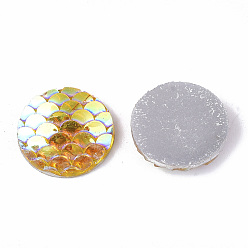 Gold Resin Cabochons, AB-Color, Flat Round with Mermaid Fish Scale, Gold, 12x3mm