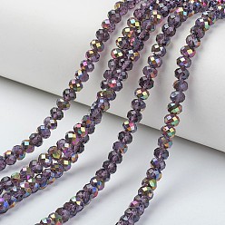 Purple Electroplate Transparent Glass Beads Strands, Half Rose Gold Plated, Faceted, Rondelle, Purple, 8x6mm, Hole: 1mm, about 65~68pcs/strand, 15.7~16.1 inch(40~41cm)