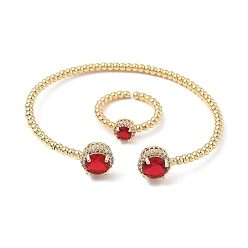 (123L) Белый крем непрозрачный блеск Круглые латунные браслеты-манжеты и кольца с микропаве из кубического циркония для женщин, стойки покрытие, реальный 18 k позолоченный, огнеупорный кирпич, браслет: 3~10.5ширина мм, внутренний диаметр: 50x57 мм