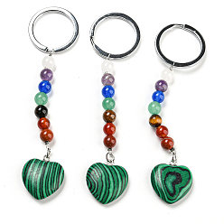 Malachite Synthetic Malachite Heart Pendant Keychain, with 7 Chakra Gemstone Beads and Platinum Tone Brass Findings, 10cm