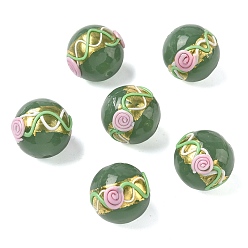 Светло-зеленый Коричневый Бусины ручной работы золотой фольги стекла, с эмалью, круглый с цветком розы, оливковый, 16.5~17.5 мм, отверстие : 1.6 мм