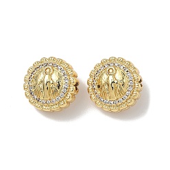 Настоящее золото 18K Латунные микро проложить кубического циркония бусы, плоский круг с дамой чудесной медалью, без свинца и без кадмия, долговечный, реальный 18 k позолоченный, 12.5x8.5 мм, отверстие : 1.8 мм