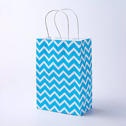 Deep Sky Blue kraft Paper Bags, with Handles, Gift Bags, Shopping Bags, Rectangle, Wave Pattern, Deep Sky Blue, 21x15x8cm