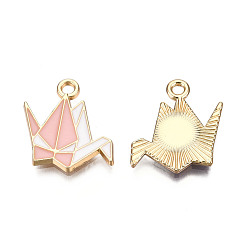 Pink Alloy Pendants, with Enamel, Paper Crane, Light Gold, Pink, 17x17x2mm, Hole: 2mm