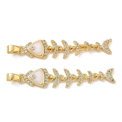 White Brass Micro Pave Clear Cubic Zirconia Pendants, with Enamel, Fish Charms, Real 18K Gold Plated, White, 37x7x2.5mm, Hole: 5x3mm