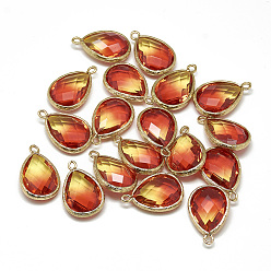 Orange Red Glass Pendants, with Golden Tone Brass Findings, Faceted, teardrop, Orange Red, 23x15x7mm, Hole: 1.5~2mm