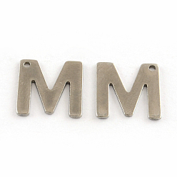 Letter M 201 Stainless Steel Letter Charms, Letter.M, 11x5.5~12x0.5mm, Hole: 1mm