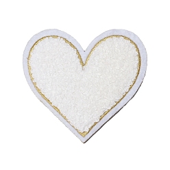 White Towel Embroidered Patch, Love Heart Embroidery Chenille Appliques, Iron-on Clothing Apparel Decoration, White, 75x70mm