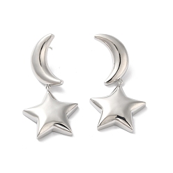 Real Platinum Plated Long-Lasting Plated Brass Star and Moon Dangle Stud Earrings for Women, Cadmium Free & Lead Free, Real Platinum Plated, 49mm, Pin: 1mm