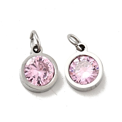 Pearl Pink 304 Stainless Steel Pendants, with Cubic Zirconia and Jump Rings, Single Stone Charms, Flat Round, Stainless Steel Color, Pearl Pink, 9.5x7.5x3mm, Hole: 3.6mm