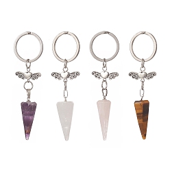 Mixed Stone Cone Natural Gemstone Keychains, with Alloy Wing Beads and 304 Stainless Steel Findings, 8.8cm