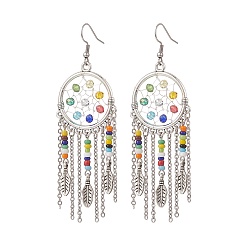 Platinum Alloy Woven Net/Web with Feather Chandelier Earrings with Glass Beaded, 316 Surgical Stainless Steel Long Drop Earrings for Women, Platinum, 90mm, Pin: 0.6mm