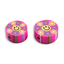 Deep Pink Handmade Polymer Clay Beads, Flat Round with Smiling Face & Flower, Deep Pink, 8.5~10x4.5mm, Hole: 1.5mm