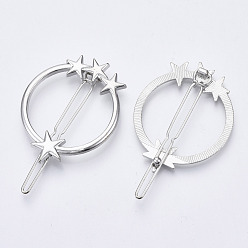 Platinum Alloy Hollow Geometric Hair Pin, Ponytail Holder Statement, Hair Accessories for Women, Cadmium Free & Lead Free, Ring with Star, Platinum, 46x37mm, Clip: 58mm long