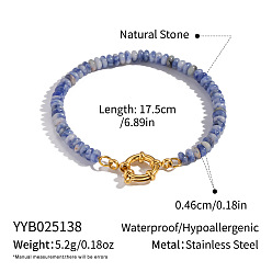 (306FM) Жонкиль матовый с лаймовой подкладкой Браслеты из натуральной голубой пятнистой яшмы с бусинами-рондель, 304 браслеты из нержавеющей стали ссылка для женщин, кольцо, реальный 18 k позолоченный, 6-7/8 дюйм (17.5 см)