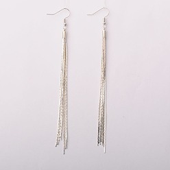 Silver Brass Chain Tassel Earrings, with Brass Cord Ends and Brass Earring Hooks, Silver Color Plated, Silver Color Plated, 120mm, Pin: 0.7mm
