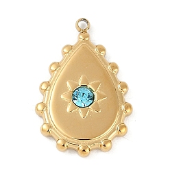 Свет Сапфира Ионное покрытие (ip) 304 подвески из нержавеющей стали со стразами, реальный 18 k позолоченный, очарование слезы, света сапфир, 19x12.5x2.5 мм, отверстие : 1.2 мм