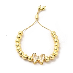Clair Bracelets coulissants à perles rondes en laiton plaqué en rack pour femmes, bracelets réglables papillon en verre plaqué longue durée, sans nickel et sans plomb, réel 18 k plaqué or, clair, diamètre intérieur : 1-1/2~2-7/8 pouces (3.7~7.2 cm)