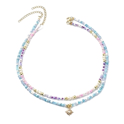 Mixed Color 2Pcs 2 Style Glass Seed Beaded Necklaces Set, Clear Cubic Zirconia Sun Charm Stackable Necklaces, Mixed Color, 14.76~16.34 inch(37.5~41.5cm), 1Pc/style