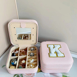 Letter K Letter Imitation Leather Jewelry Organizer Case with Mirror Inside, for Necklaces, Rings, Earrings and Pendants, Square, Pink, Letter K, 10x10x5.5cm