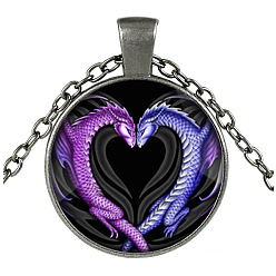 Gunmetal Purple Dragon Theme Glass Flat Round Pendant Necklace with Alloy Chains, Gunmetal, 27.56 inch(70cm)