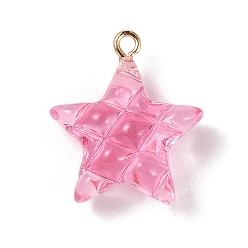 Hot Pink Transparent Resin Pendants, Star Charms with Light Gold Tone Alloy Loops, Hot Pink, 23x20.5x9.5mm, Hole: 2mm