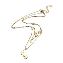 Clover Golden 304 Stainless Steel Cable Chains Double Layer Necklace, with Cubic Zirconic Charms, Clover, 15.94 inch(40.5cm)