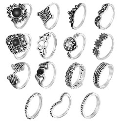 Antique Silver 15Pcs 15 Style Crystal Rhinestone Rhombus & Lotus & Crown Finger Rings Set, Alloy Stackable Rings for Women, Antique Silver, Inner Diameter: 15.5~17.5mm, 1Pc/style