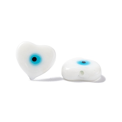 White Handmade Evil Eye Lampwork Beads, Half Drilled, Heart, White, 16~16.5x17.5~18x5.5~6mm, Hole: 1mm