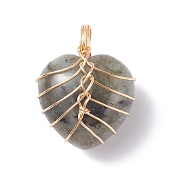 Labradorite Natural Labradorite Pendants, with Light Gold Tone Copper Wire Wrapped, Heart, 26x21x16mm, Hole: 6mm