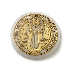Gold Religion Natural White Shell Cabochons, with Gold Foil, Flat Round with Saint Benedict, Gold, 20x2.5mm