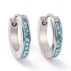 Aquamarine Rhinestone Hinged Hoop Earrings, Stainless Steel Color Plated 304 Stainless Steel Jewelry for Women, Aquamarine, 13x13.5x2.5mm, Pin: 1mm