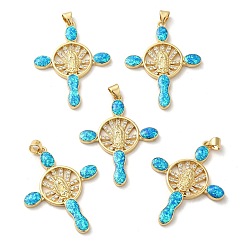 Real 18K Gold Plated Rack Plating Brass Micro Pave Cubic Zirconia with Synthetic Opal Pendants, with Jump Ring, Lead Free & Cadmium Free, Long-Lasting Plated, Cross with Saint, Real 18K Gold Plated, 39x30.5x3.2mm, Hole: 5x3.4mm