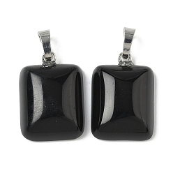 Обсидиан Природные подвески обсидиана, с платиновой и латунной фурнитурой, стойки покрытие, прямоугольник амулеты, 25~25.5x17.5~18x7~8 мм, отверстие : 8x5 мм