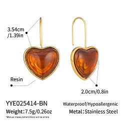 Коричневый Из нержавеющей стали сердца 304 болтаться серьги, cmолой, реальный 18 k позолоченный, коричневые, 35.4x20 мм