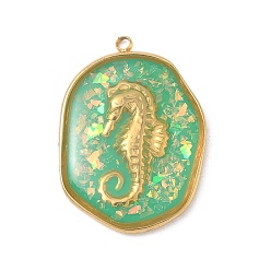 Весенне-зеленый 304 подвески из нержавеющей стали, эпоксидной смолы, с натуральными ракушками и пайетками внутри, овал с подвесками в виде морского конька, реальный 18 k позолоченный, вакуумное покрытие pvd, весенний зеленый, 28x20x3.5 мм, отверстие : 1.6 мм