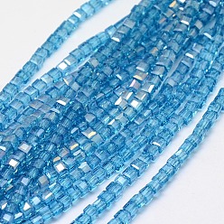 Sky Blue Electroplate Glass Bead Strands, AB Color Plated, Faceted, Cube, Sky Blue, 4x4x4mm, Hole: 1mm, about 98pcs/strand, 15.7 inch