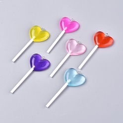 Mixed Color Resin Big Pendants, with Platinum Plated Iron Loop, Imitation Lollipop, Heart, Mixed Color, 71~73x29x7mm, Hole: 2mm