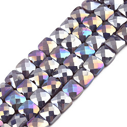 Old Rose Electroplate Opaque Solid Color Glass Beads Strands, AB Color Plated, Faceted, Square, Old Rose, 6.5x6.5x4.5mm, Hole: 1.2mm, about 97~99Pcs/strand, 25 inch(63.5cm)