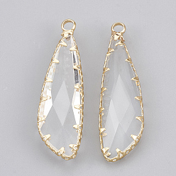 Real 18K Gold Plated Brass Glass Pendants, Faceted, teardrop, Clear, Real 18K Gold Plated, 35.5x10x4mm, Hole: 2mm