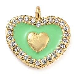 Средний Весенно-Зеленый Стойка покрытие латунь микропаве прозрачный кубический цирконий с эмалевыми подвесками, долговечный, без свинца и без кадмия, реальный 18 k позолоченный, сердце, средний весенний зеленый, 12x11.5x2 мм, отверстие : 1.2 мм