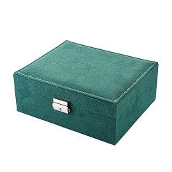 Sea Green Velvet & Wood Jewelry Boxes, Portable Jewelry Storage Case, with Alloy Lock, for Ring Earrings Necklace, Rectangle, Sea Green, 23.1x18.7x9.1cm