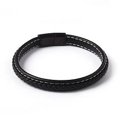 Черный Цвет Металла Имитация кожаные браслеты плетеные шнуры, с 304 из нержавеющей стали магнитные застежки, металлический черный , 220x9x5 мм