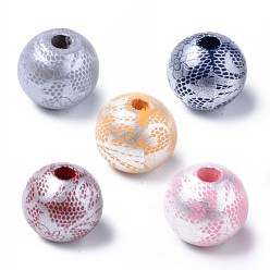 Mixed Color Painted Natural Wood European Beads, Large Hole Beads, Printed, Round with Flower Pattern, Mixed Color, 16x15mm, Hole: 4mm
