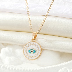 White Alloy Enamel Flat Round with Evil Eye Pendant Necklace, Golden Iron Jewelry for Women, White, 19.69 inch(50cm)